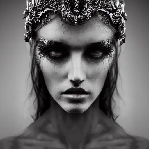 Image similar to a portrait of female model by stefan geselle and nekro borja, photorealistic, intricate details, hyper realistic, dark fantasy, ornate headpiece, dark beauty, photorealistic, canon r 3, photography, wide shot, photography, dark beauty, symmetrical features, unreal engine