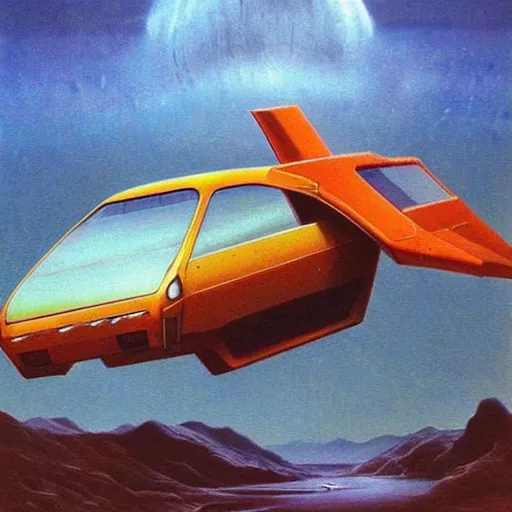Prompt: retrofuturistic flying car, 1 9 7 0 s scifi art, beksinski style highly detailed painting