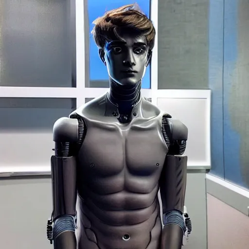 Image similar to “a realistic detailed photo of a guy who is an attractive humanoid who is half robot and half humanoid, who is a male android, twitch streamer Ninja Tyler Blevins, shiny skin, posing like a statue, blank stare, streaming”