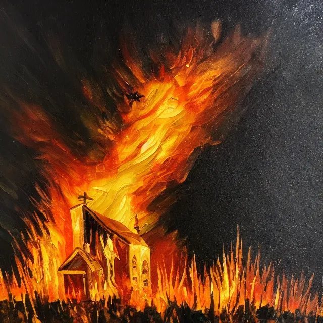 Image similar to black church on fire in a dark spikey forest, oil painting