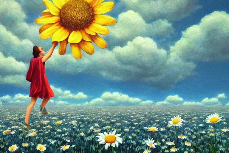 Image similar to giant daisy flower head, woman walking, surreal, clouds in sky, impressionist painting, digital painting, artstation, rob gonsalves