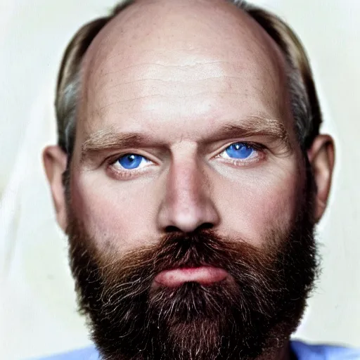 Image similar to color 35mm film still of a balding, middle aged blond man with a full blond beard and dark blue eyes, figure portrait