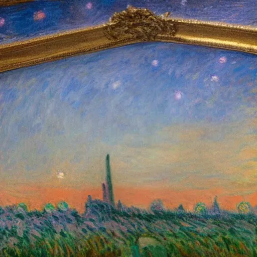 Prompt: a Monet painting of The White House floating above The Milky Way