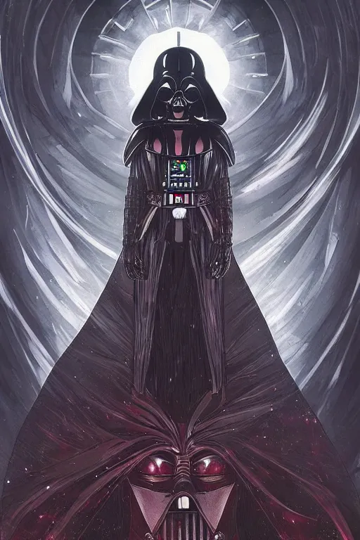 Image similar to anime key visual of a female darth vader goddess!!, intricate, stunning, highly detailed, digital painting, artstation, smooth, hard focus, starwars, sith, dark side, villain, the force, lucas films, illustration, art by artgerm and greg rutkowski and alphonse mucha