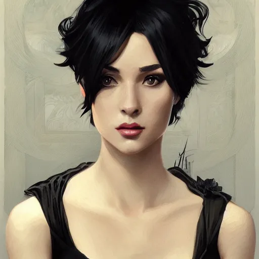 Image similar to Woman with black short hair, wearing black dress smoking, intricate, elegant highly detailed, digital painting, artstation, concept art, smooth, sharp focus, illustration, art by artgerm and greg rutkowski and alphonse mucha