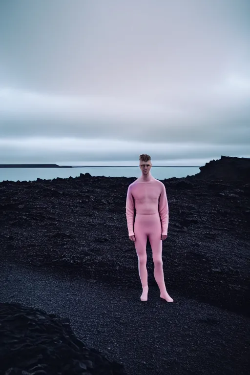 Prompt: high quality pastel coloured film wide angle selfie photograph of a male cyber model standing in an icelandic black rock environment. three point light. photographic. art directed. pastel colours. volumetric light. stark. rocks. waves. 8 k. filmic.
