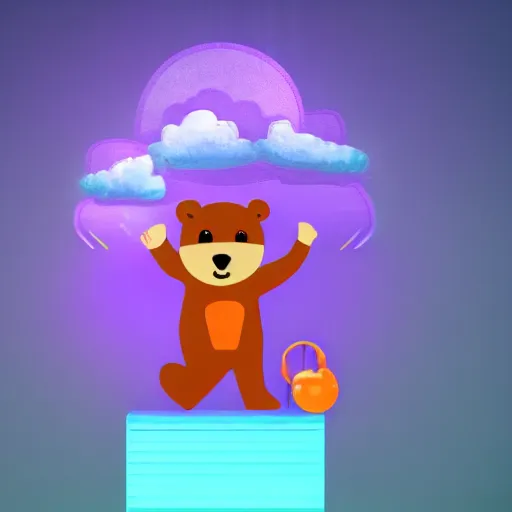 Image similar to cartoon animated bear wearing clothes being launched out of a futuristic machine into a purple and orange cloud land