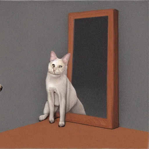 Image similar to a dog looking curiously in the mirror, seeing a cat.