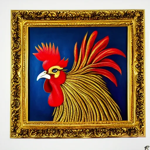 Prompt: an oil painting portrait of a punk rock rooster wearing gold necklace, intricate. detailed, by raphael, da vinci, hyper realism, 4k.