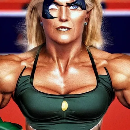 Image similar to a woman who is a genetic combination of hulk hogan and donald trump face and upper - body focus