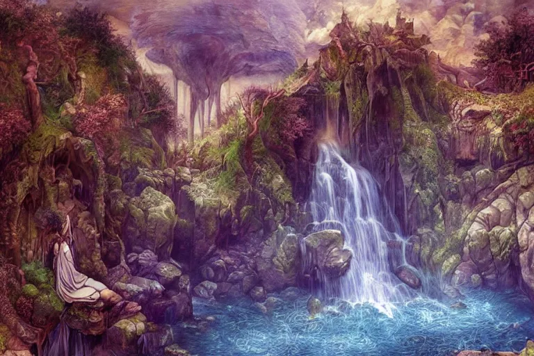 Prompt: innovative waterfall the ancient gods fantasycore landscape, Precise and Intricate Linework, Art Nouveau Cosmic 4k Detailed Matte Illustration trending on Flickr ,CGSociety, Crimson and Ecru color scheme, Pastiche by Albrecht Dürer, Pastiche by Don Maitz