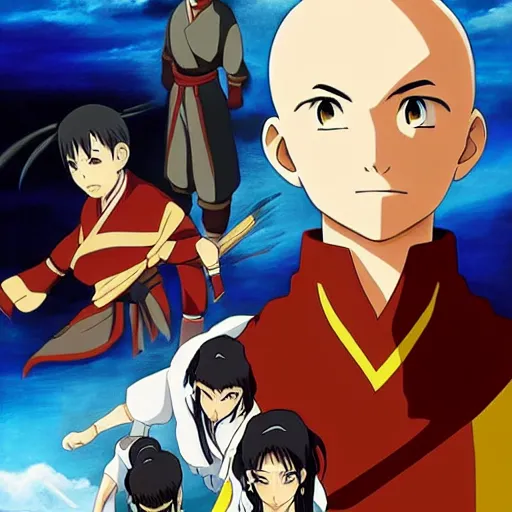 Prompt: anime key visual of avatar : the last airbender, acrylic painting, cinematic, dramatic lighting, realistic eyes, aesthetically pleasing, anatomically correct