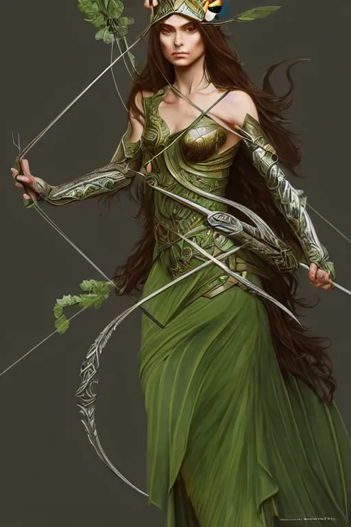 Image similar to male elven Archer armor made of green leaves, fantasy, amber eyes, face, long hair, intricate, elegant, highly detailed, digital painting, artstation, concept art, smooth, sharp focus, illustration, art by artgerm and greg rutkowski and alphonse mucha