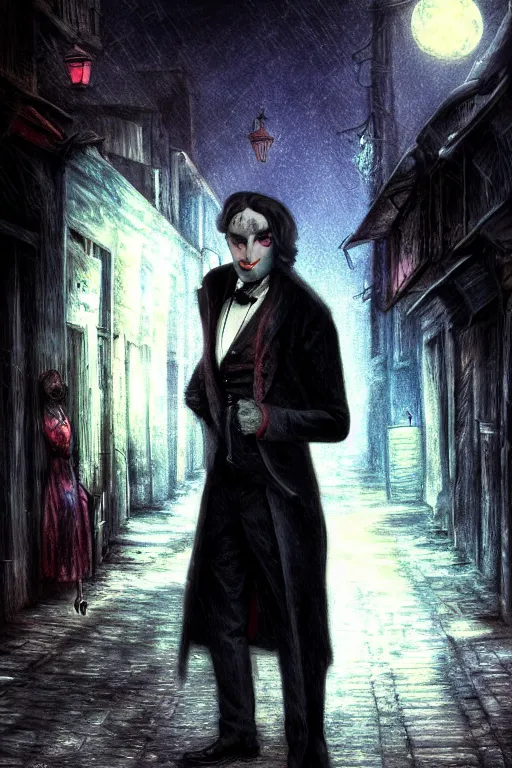 Prompt: highly realistic photograph of a 1 9 th century vampire in the slums of london at midnight, cg art, digital painting, vibrant colors, exquisite attire, dark alleyway, volumetric moonlight