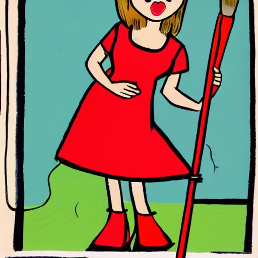 Prompt: 6 0 s style cartoon drawing of a cute younger woman with her hand resting on a giant standing paintbrush