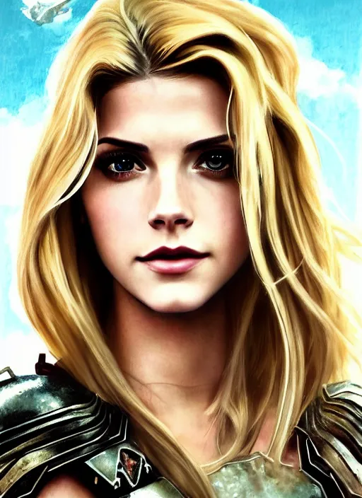 Prompt: portrait of a combination of Ashley Greene, Katheryn Winnick, Victoria Justice and Adriana Dxim, Grace Kelly, Emma Watson and Lily Collins with blonde hair wearing Varia Armor from Metroid Prime, countryside, calm, fantasy character portrait, dynamic pose, above view, sunny day, thunder clouds in the sky, artwork by Jeremy Lipkin and Giuseppe Dangelico Pino and Michael Garmash and Rob Rey and Greg Manchess and Huang Guangjian, very coherent asymmetrical artwork, sharp edges, perfect face, simple form, 100mm