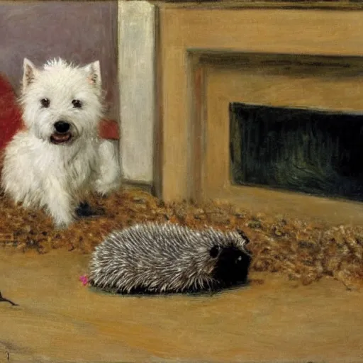 Image similar to a westie dog biting a stuffed hedgehog in a living room by monet