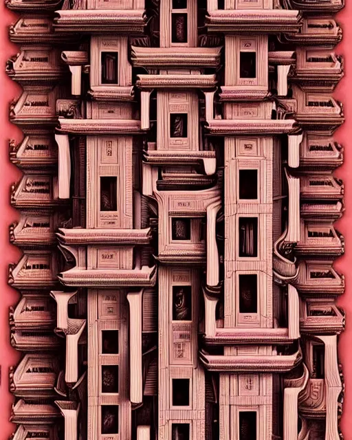 Image similar to detailed realistic architectural painting of hundreds of alien mandelbulb gates stacked like jenga made of carved out ivory shades of red by mc escher