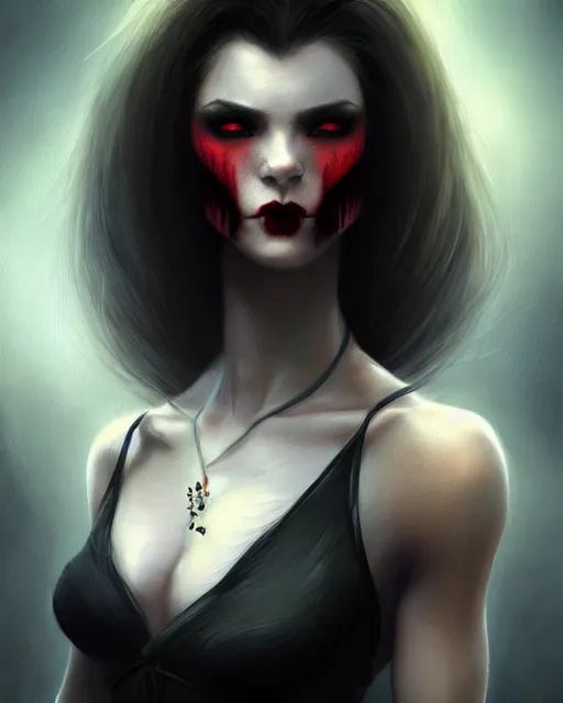 Image similar to female vampire, perfect face, black halter top, abs, cinematic, stunning, elegant, highly detailed, psychedelic, digital painting, artstation, smooth, hard focus, illustration, art by jessica rossier and and brian froud