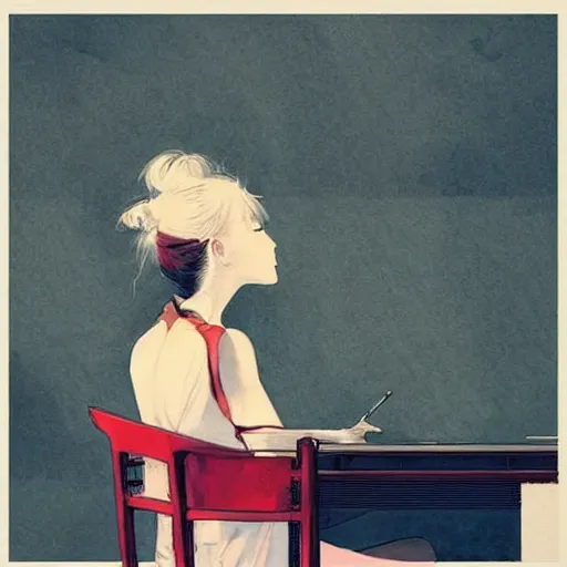 Image similar to painting by wlop, conrad roset, coby whitmore, and chie yoshii. of a pretty cute japanese beauty sitting on antique chair leaning against a desk, sideview, victorian room