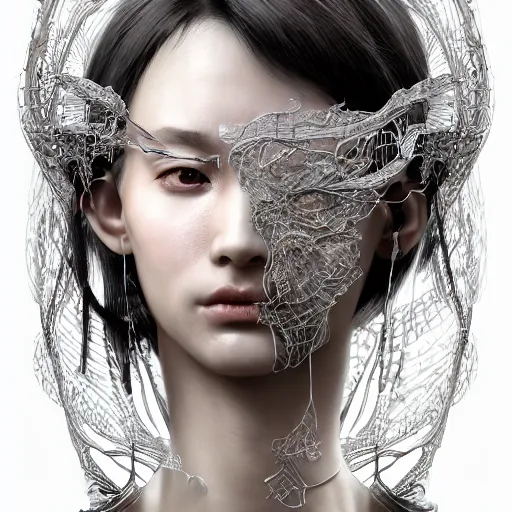 Image similar to the portrait of an absurdly beautiful, graceful, elegant, sophisticated, fashionable cyberpunk gravure idol, an ultrafine hyperdetailed illustration by kim jung gi, irakli nadar, takato yamamoto, intricate linework, bright colors, porcelain skin, unreal engine 5 highly rendered, cgsociety, fractal background, global illumination, radiant light, detailed and intricate environment