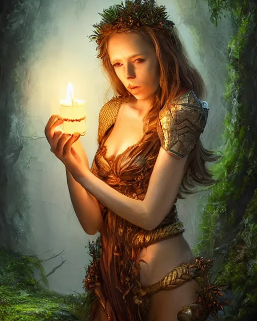 Prompt: portrait high definition photograph beautiful woman holding a candle fantasy character art, hyper realistic, pretty face, hyperrealism, iridescence water elemental, snake skin armor forest dryad, woody foliage, 8 k dop dof hdr fantasy character art, by aleski briclot and alexander'hollllow'fedosav and laura zalenga