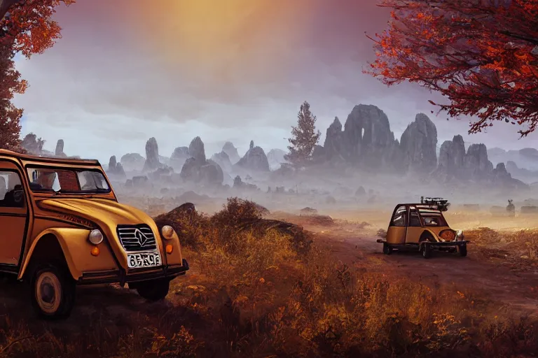 Image similar to offroad citroen 2 cv ( 1 9 6 5 ) driving across the rift, riften city in the background, epic fantasy, autumn, the elder scrolls v : skyrim, dramatic lighting, establishing shot, by simon stalenhag