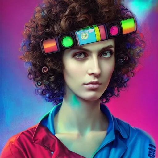 Image similar to Lofi vaporwave cyberpunk portrait beautiful woman with short brown curly hair, roman face, rainbow, Pixar style, Tristan Eaton, Stanley Artgerm, Tom Bagshaw