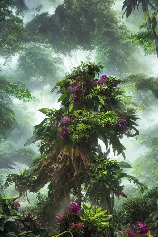 Prompt: a giant exotic flower in the exotic jungle, landscape, alex ross, david finch, concept art, matte painting, highly detailed, rule of thirds, dynamic lighting, cinematic, detailed, denoised, centerd