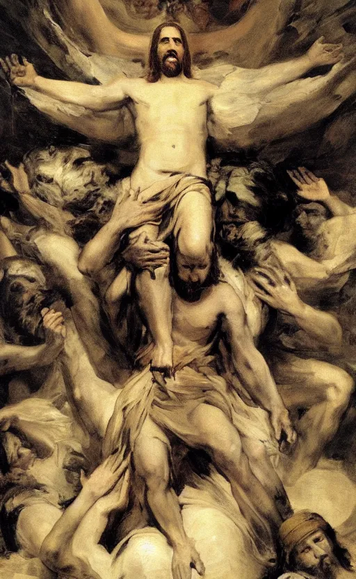 Image similar to jesus christ wearing blindfold!!!!! holding cornucopia!!!!!!! sitting on a huge!!!! throne of entwined bodies, elegant, ominous, highly detailed painting by goya!!! phil hale!! gaston bussiere, craig mullins, j. c. leyendecker, 8 k, mid shot