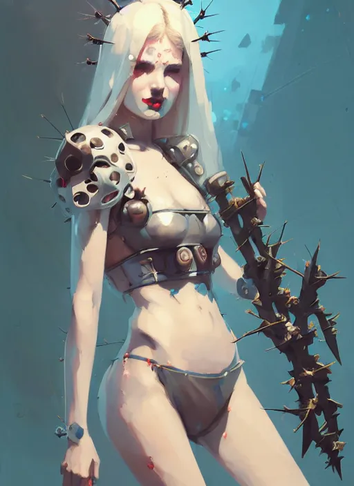 Image similar to portrait of cute maiden girl with crown of thorns in cyber bikini armor, warhammer, cyberpunk, by atey ghailan, by greg rutkowski, by greg tocchini, by james gilleard, by joe fenton, by kaethe butcher, dynamic lighting, gradient light blue, brown, blonde cream and white color in scheme, grunge aesthetic