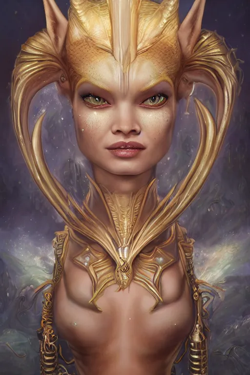 Image similar to portrait of a beautiful female hybrid atlantean anubis alien warrior elsa jean, regal, realistic, refined, detailed, digital art, michael cheval, esao andrews, steampunk, walt disney ( 1 9 3 7 ), francois boucher, oil painting, highly detailed, cinematic lighting, unreal engine, 8 k, hd