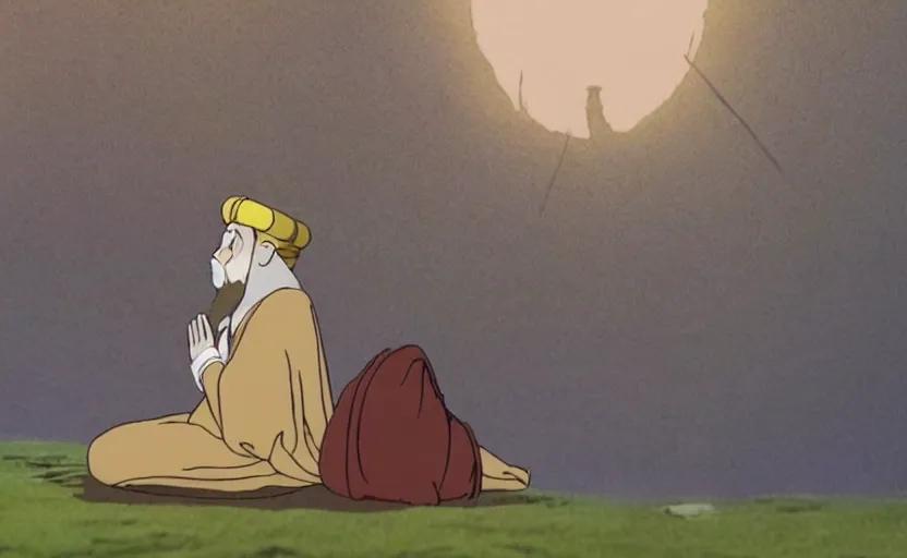 Image similar to a cell - shaded cartoon movie still from princess mononoke ( 1 9 9 7 ) of a middle eastern imam kneeling in prayer. a golden ufo is in the sky. very dull muted colors, hd, 4 k, hq