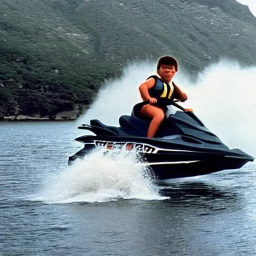 Prompt: photo of chunk from “the goonies” riding a jetski and giving “sign of the horns” 8k