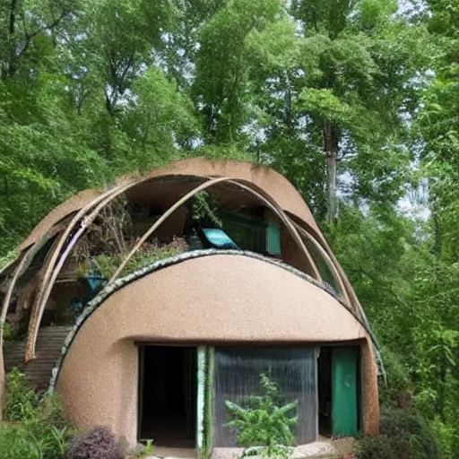 Prompt: beautiful overgrown modern Earthship home made from clay cob with permaculture garden, in the style of studio ghibli