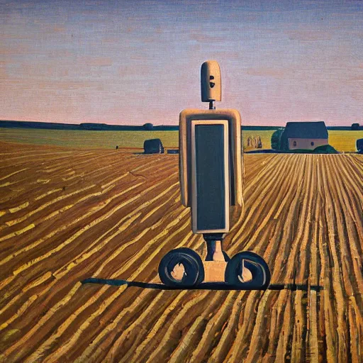 Image similar to robot portrait farmland, grant wood, american gothic from grant wood style