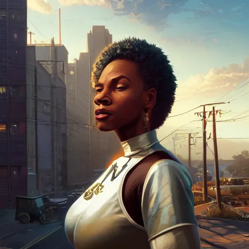 Image similar to highly detailed portrait of an african american woman in superhero costume in gta v, stephen bliss, unreal engine, fantasy art by greg rutkowski, loish, rhads, ferdinand knab, makoto shinkai and lois van baarle, ilya kuvshinov, rossdraws, tom bagshaw, global illumination, radiant light, detailed and intricate environment