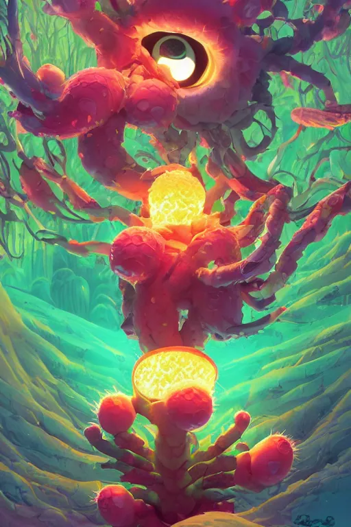 Image similar to roots cactus sushi cristal smurf ghost creature animal sushi cristal very big eye roots cactus elemental flush of force nature micro world fluo fishscale, behance hd by jesper ejsing, by rhads, makoto shinkai and lois van baarle, ilya kuvshinov, rossdraws radiating a glowing aura global illumination ray tracing hdr