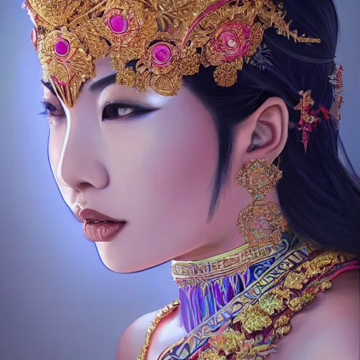 Image similar to a stunning artstation style portrait painting of a beautiful bali princess by kittichai rueangchaichan, in the style of WLOP, floralpunk, Artstation, intricate details, cinematic lighting, pristine clean design, realistic, irresistable, insanely detailed