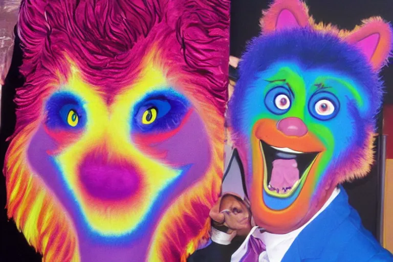 Image similar to lisa frank painting of willem dafoe at showbiz pizza 1 9 8 9