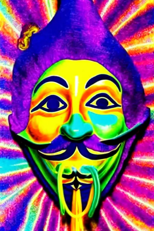 Image similar to guy fawkes mask, lisa frank + salvador dali,