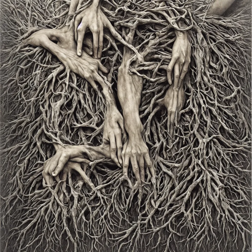 Prompt: powerful gestures, bones, fingers, branches composition abstract, magical, realism, textural, kieth thomsen, zdzislaw beksinski