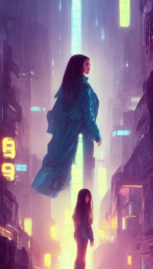 Image similar to hailee steinfeld, omicron, 2 0 1 8 blade runner movie still girl look at the cityscape from roof perfect face fine realistic face pretty face neon puffy jacket blue futuristic sci - fi elegant by denis villeneuve tom anders zorn hans dragan bibin thoma greg rutkowski ismail inceoglu illustrated sand storm alphonse mucha