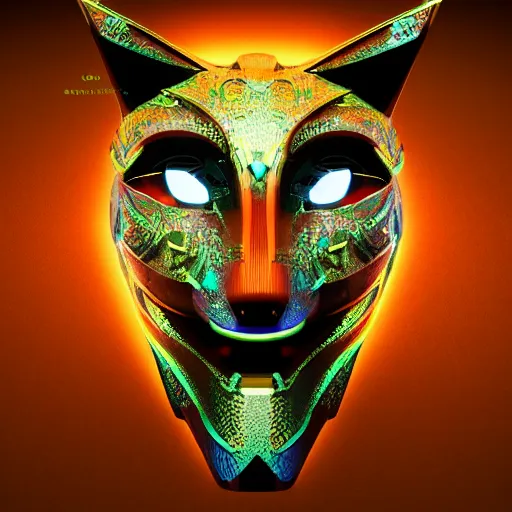 Prompt: cybertronic tribal mask, fox, japanese pottery, vivid colors, wood, metal, intricate details, trending on cgsociety, concept art, glowing eyes, sharp focus, ultra realistic details, cinematic atmosphere, global illumination, shadows