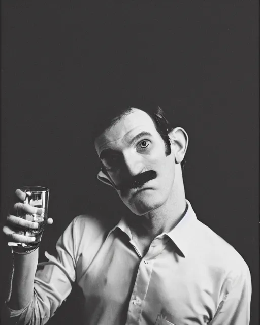 Prompt: a film photo of a very serious waluigi drinking a glass of whiskey in his office, film grain, dramatic lighting, photoshoot, portrait, somber, dramatic