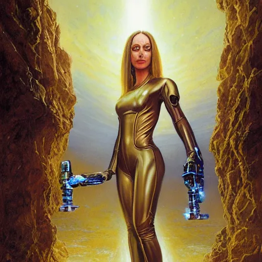 Prompt: pleiadian woman with big eyes and long silver hair wearing a dark body suit and wielding a plasma gun as a realistic sci fi character, portrait art by donato giancola and greg rutkowski, digital art, trending on artstation, standing in a barren field