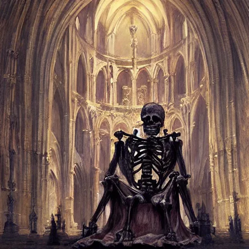 Prompt: Human skeleton, king in noble clothes, resting on a throne inside a cathedral, oil painting, by Fernanda Suarez and Greg Rutkowski