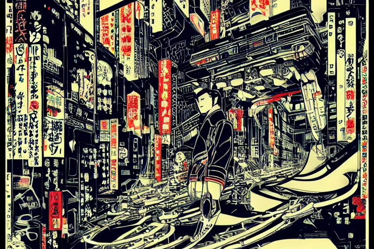 Image similar to futuristic japanese cyberpunk bladerunner silk screen by utagawa yoshiiku, ohara koson, pixiv contest winner, cyberpunk style, cyberpunk color scheme, mechanical, robotic, human machine interface, high resolution, hd, bold clear lines