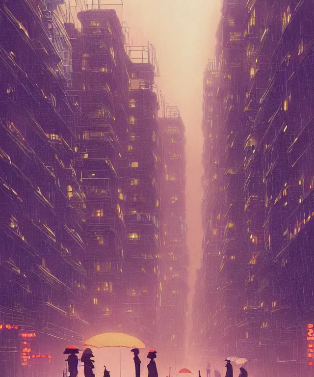 Prompt: circular street from Paris or neo Tokyo , humid ground, people and creatures walking holding neon ombrellas, volumetric light, bokeh light from top, science fiction elements, rainy mood, artstation, art by françois schuiten and moebius and pascal campion, ghibli disney