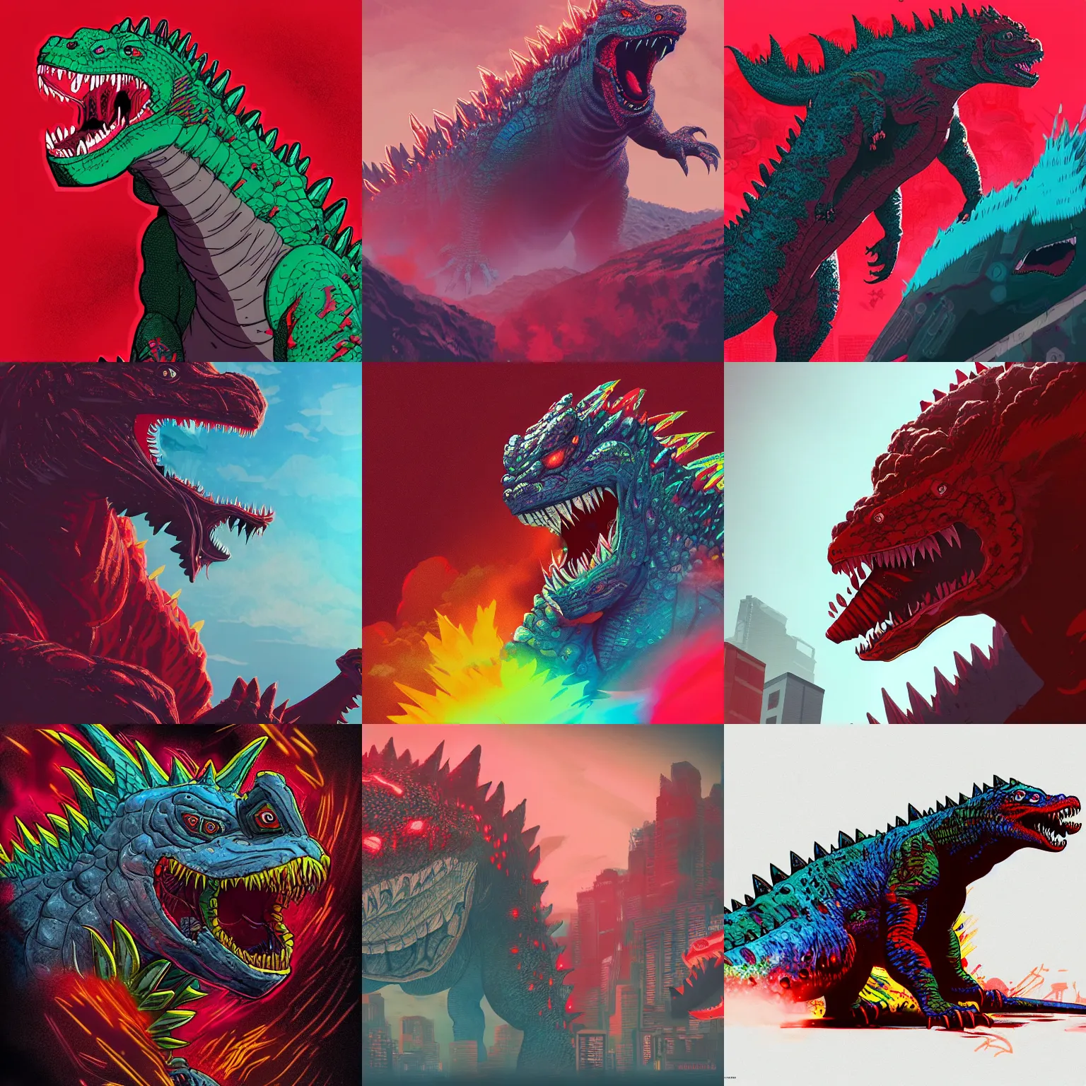 Prompt: large godzilla like monster, red long tongue, csgo hyperbeast design, multi colour, vibrant colors, cyberpunk, smooth art, digital art, vector detail, octane renderer, artstation, studio ghibli, makoto shinkai